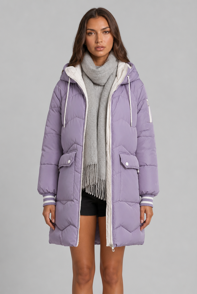 Cappotto Donna Trapuntato Lungo Zip a Contrasto Cappuccio