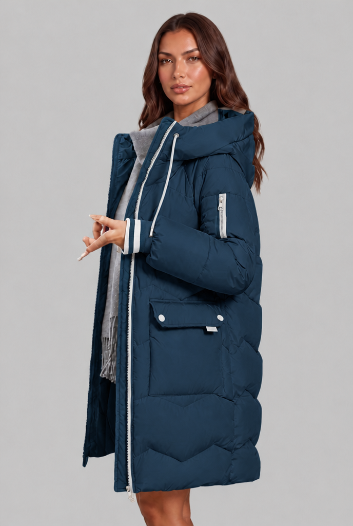 Cappotto Donna Trapuntato Lungo Zip a Contrasto Cappuccio