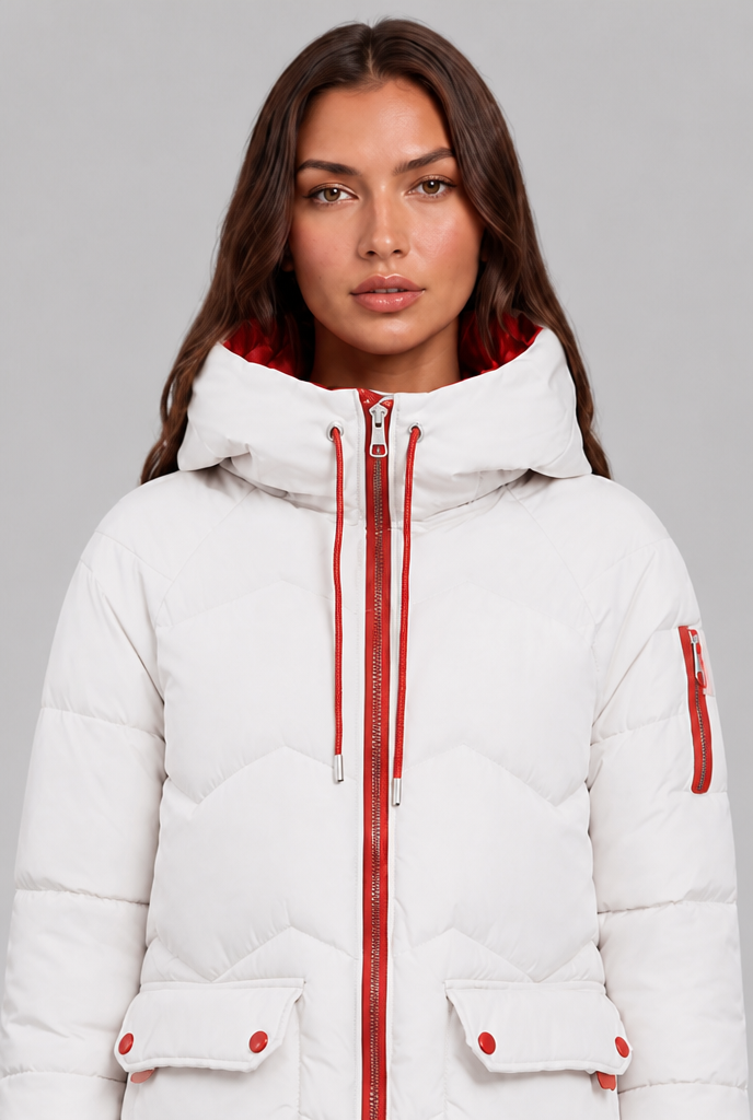 Cappotto Donna Trapuntato Lungo Zip a Contrasto Cappuccio
