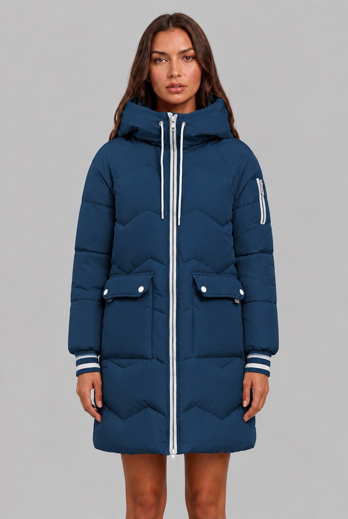 Cappotto Donna Trapuntato Lungo Zip a Contrasto Cappuccio