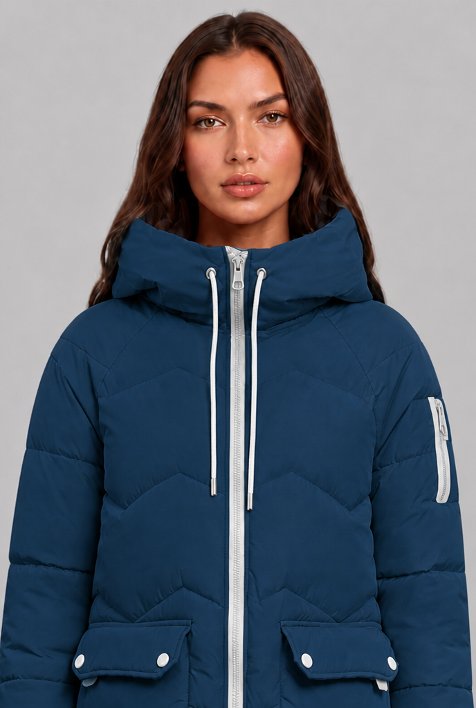 Cappotto Donna Trapuntato Lungo Zip a Contrasto Cappuccio