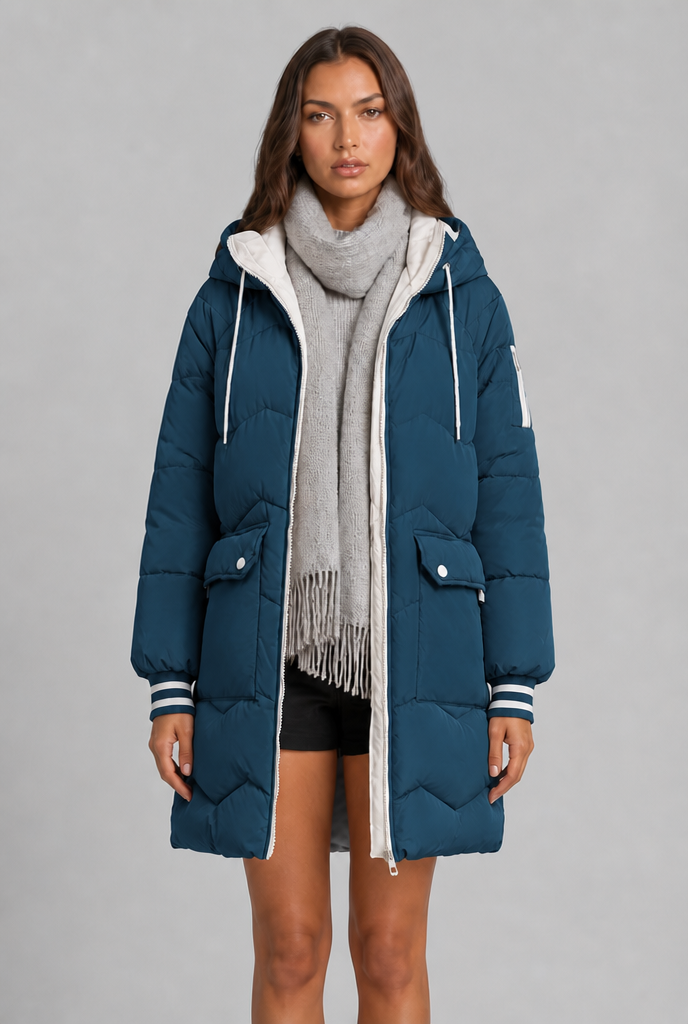 Cappotto Donna Trapuntato Lungo Zip a Contrasto Cappuccio