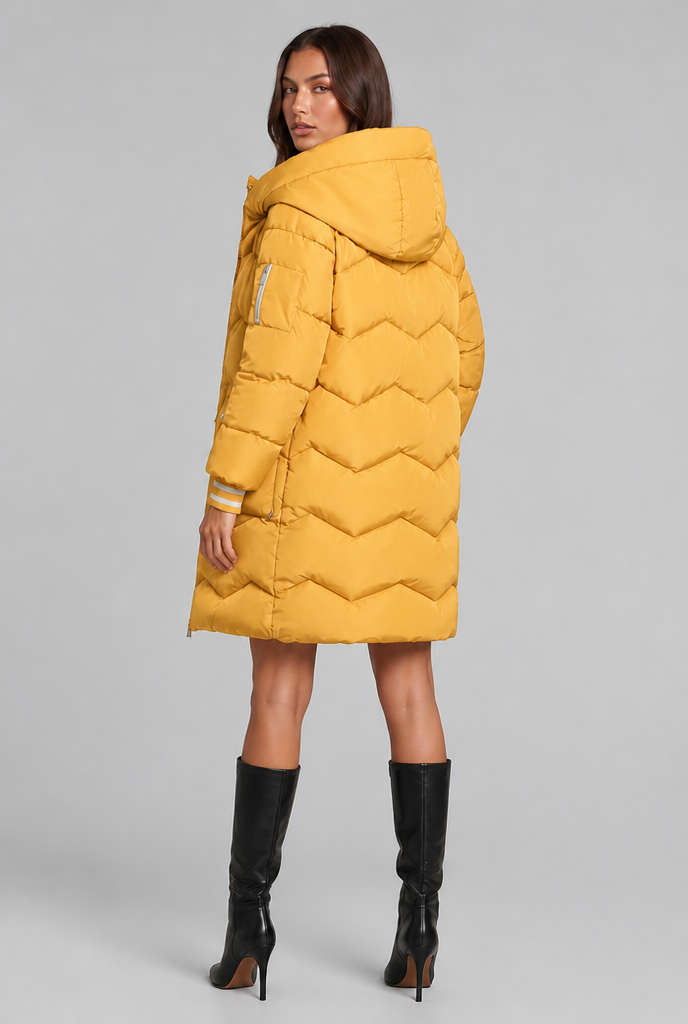 Cappotto Donna Trapuntato Lungo Zip a Contrasto Cappuccio