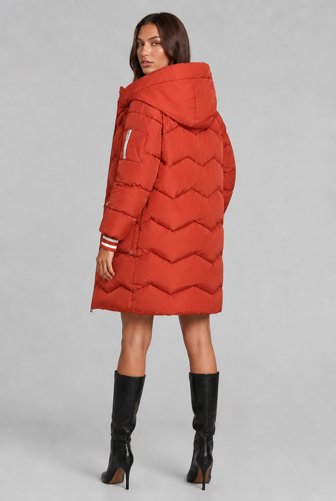 Cappotto Donna Trapuntato Lungo Zip a Contrasto Cappuccio