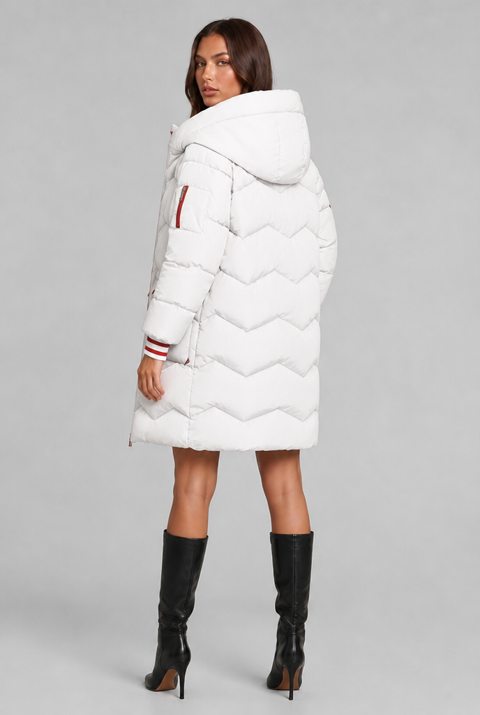 Cappotto Donna Trapuntato Lungo Zip a Contrasto Cappuccio