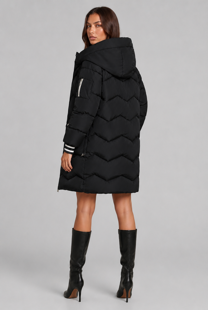Cappotto Donna Trapuntato Lungo Zip a Contrasto Cappuccio