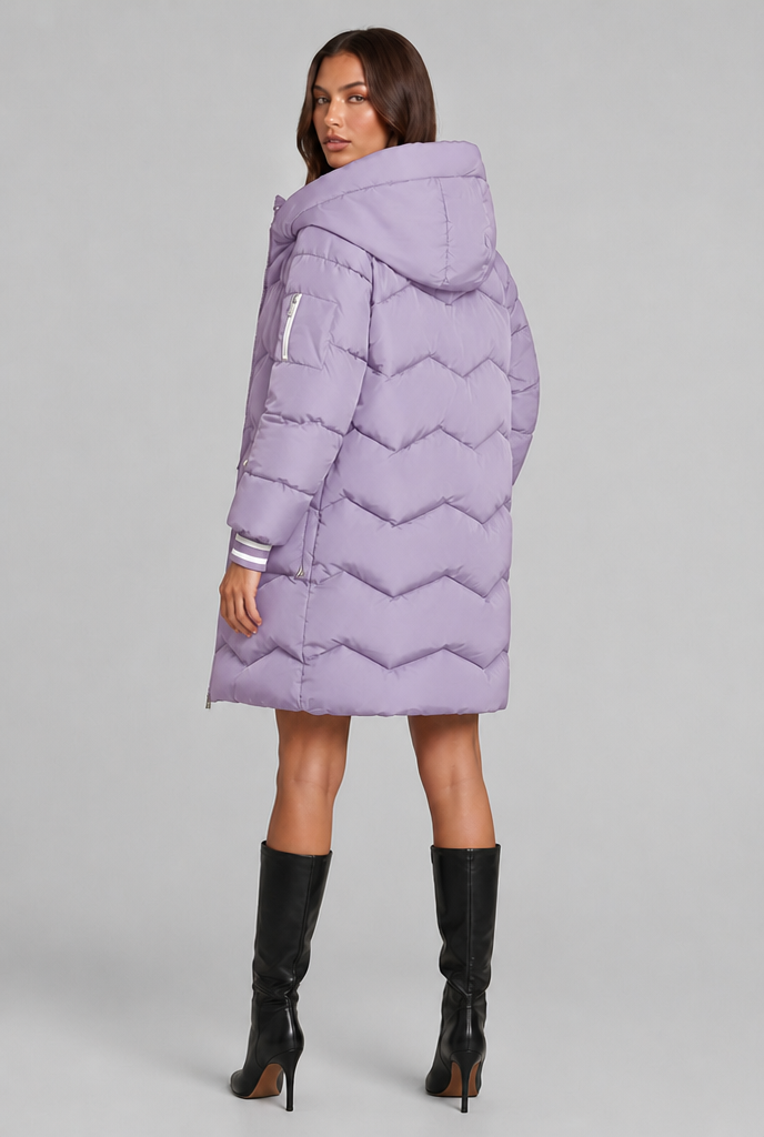 Cappotto Donna Trapuntato Lungo Zip a Contrasto Cappuccio