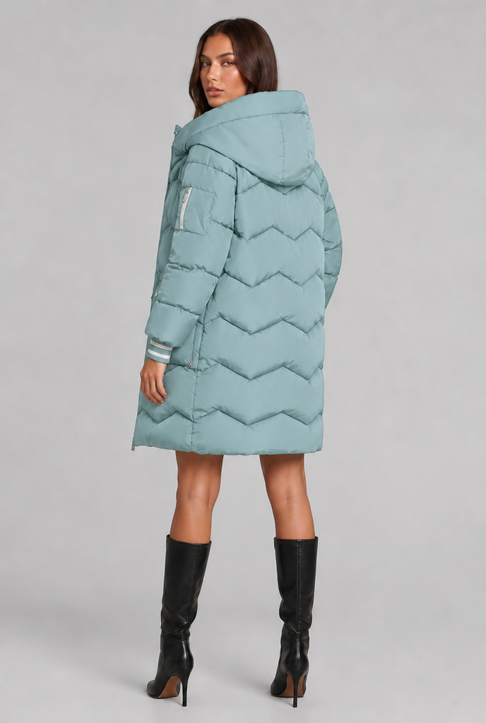 Cappotto Donna Trapuntato Lungo Zip a Contrasto Cappuccio