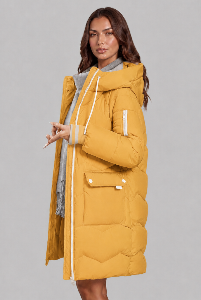 Cappotto Donna Trapuntato Lungo Zip a Contrasto Cappuccio