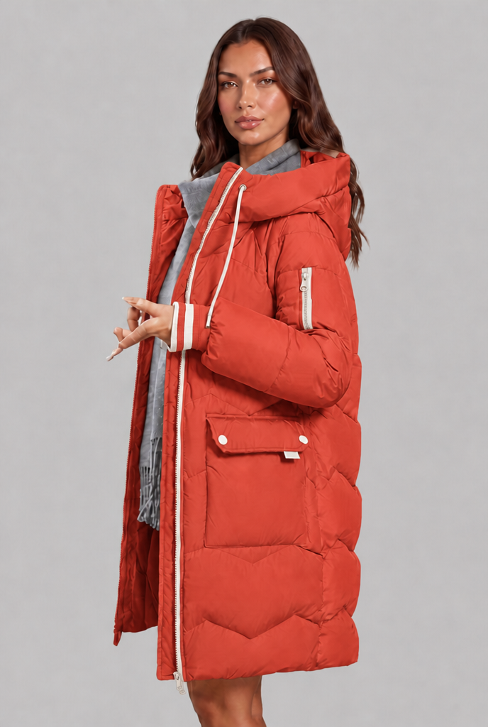 Cappotto Donna Trapuntato Lungo Zip a Contrasto Cappuccio