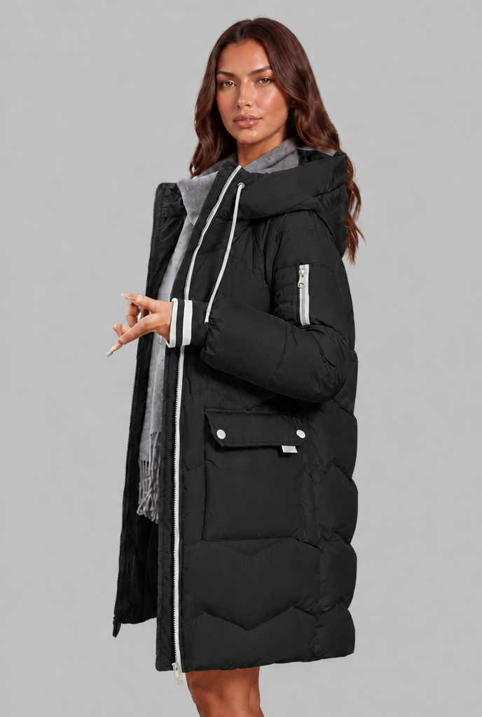 Cappotto Donna Trapuntato Lungo Zip a Contrasto Cappuccio