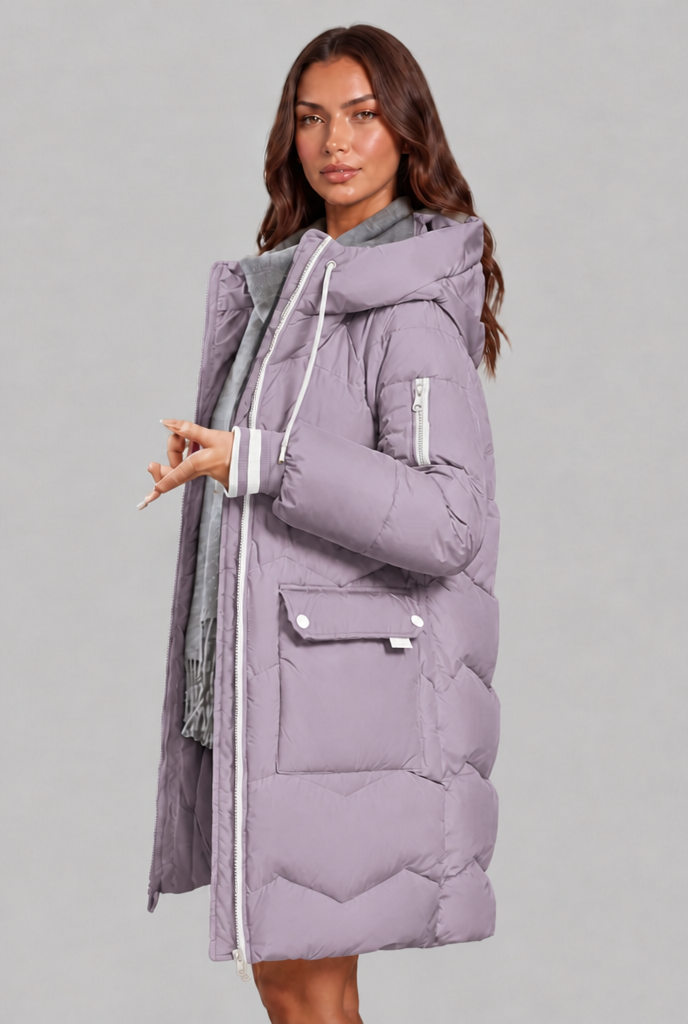Cappotto Donna Trapuntato Lungo Zip a Contrasto Cappuccio