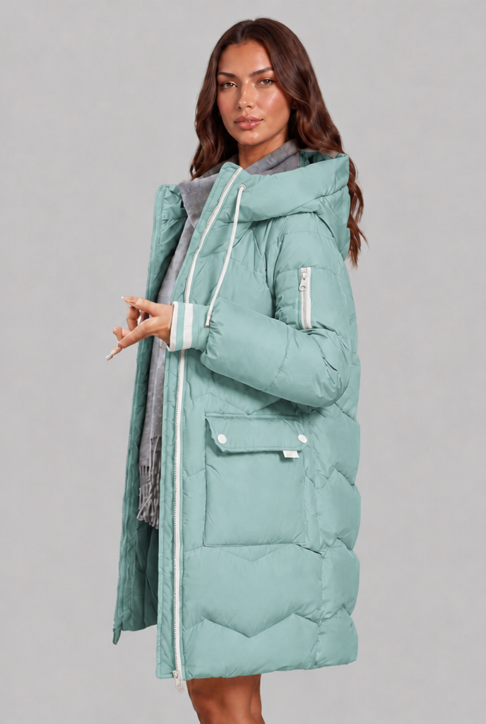 Cappotto Donna Trapuntato Lungo Zip a Contrasto Cappuccio
