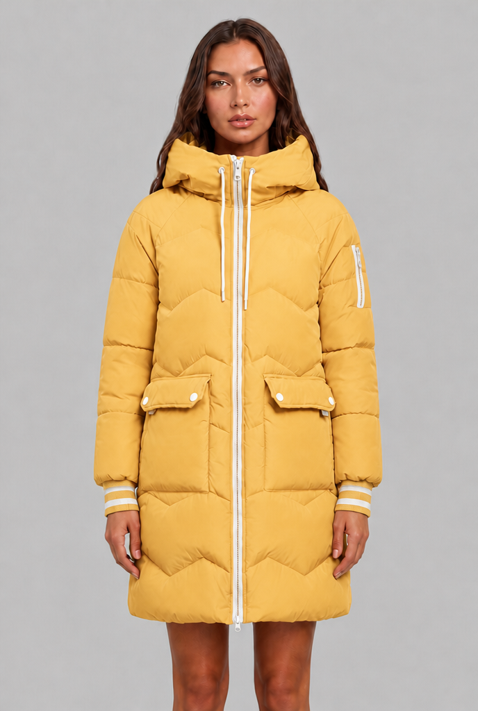 Cappotto Donna Trapuntato Lungo Zip a Contrasto Cappuccio