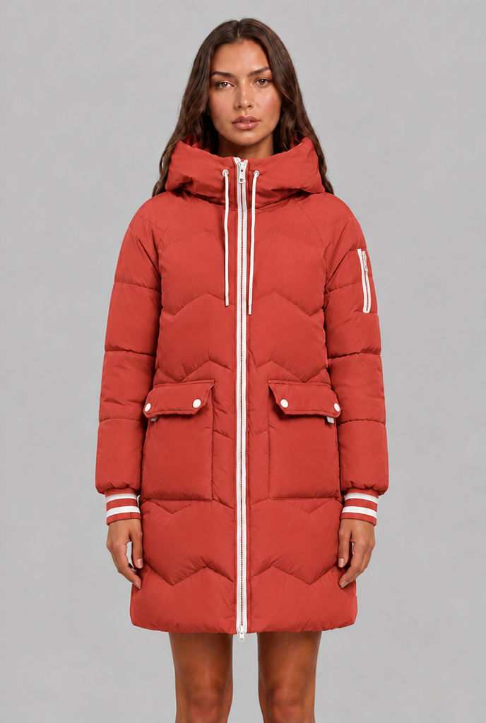 Cappotto Donna Trapuntato Lungo Zip a Contrasto Cappuccio