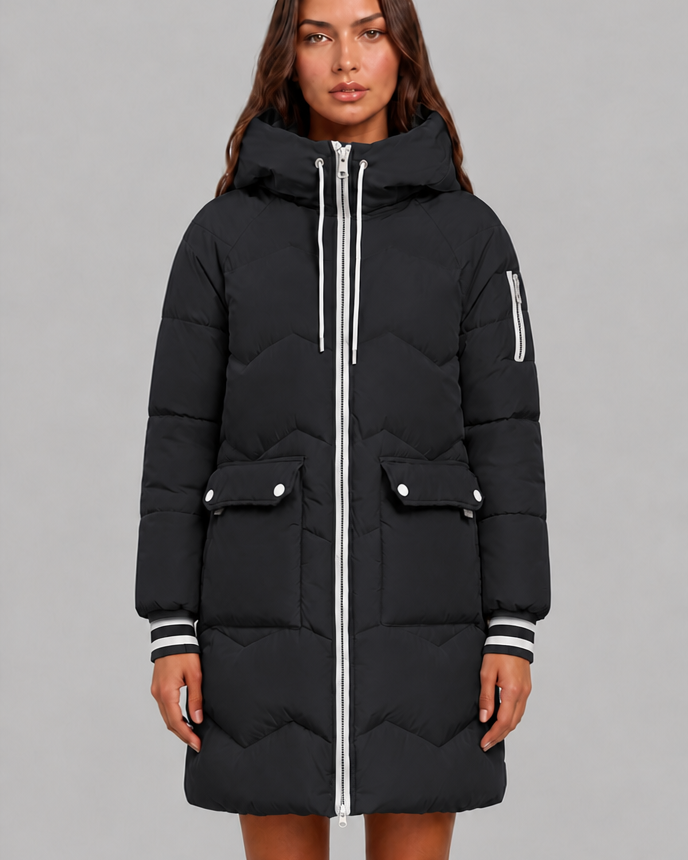 Cappotto Donna Trapuntato Lungo Zip a Contrasto Cappuccio