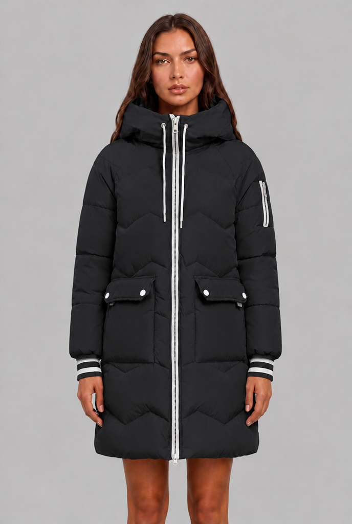 Cappotto Donna Trapuntato Lungo Zip a Contrasto Cappuccio