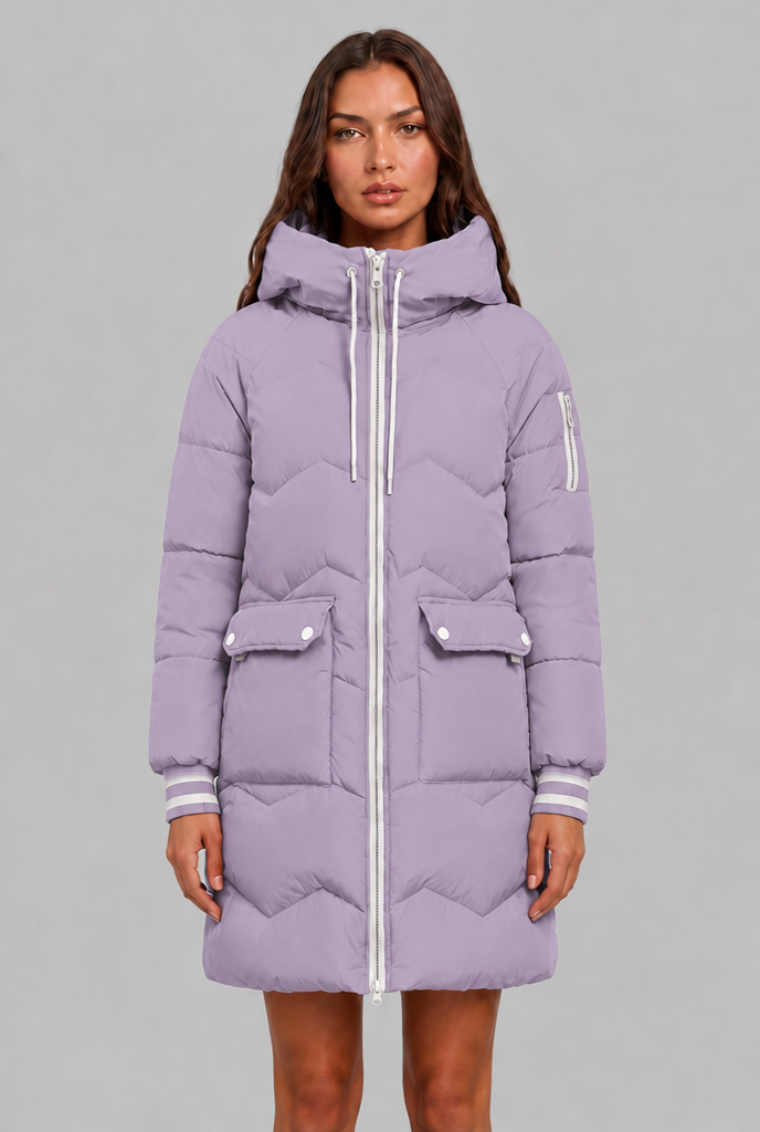 Cappotto Donna Trapuntato Lungo Zip a Contrasto Cappuccio