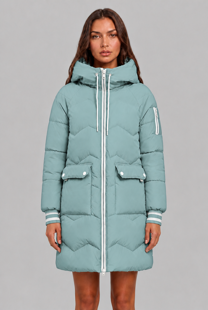 Cappotto Donna Trapuntato Lungo Zip a Contrasto Cappuccio