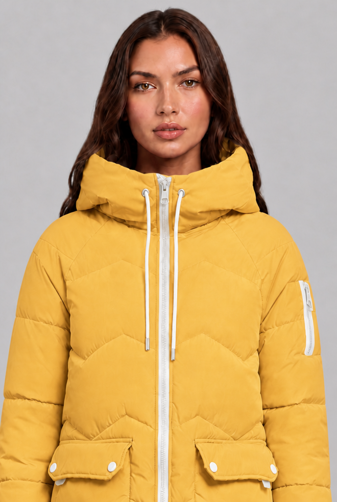 Cappotto Donna Trapuntato Lungo Zip a Contrasto Cappuccio