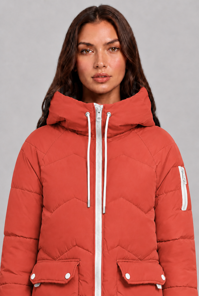 Cappotto Donna Trapuntato Lungo Zip a Contrasto Cappuccio