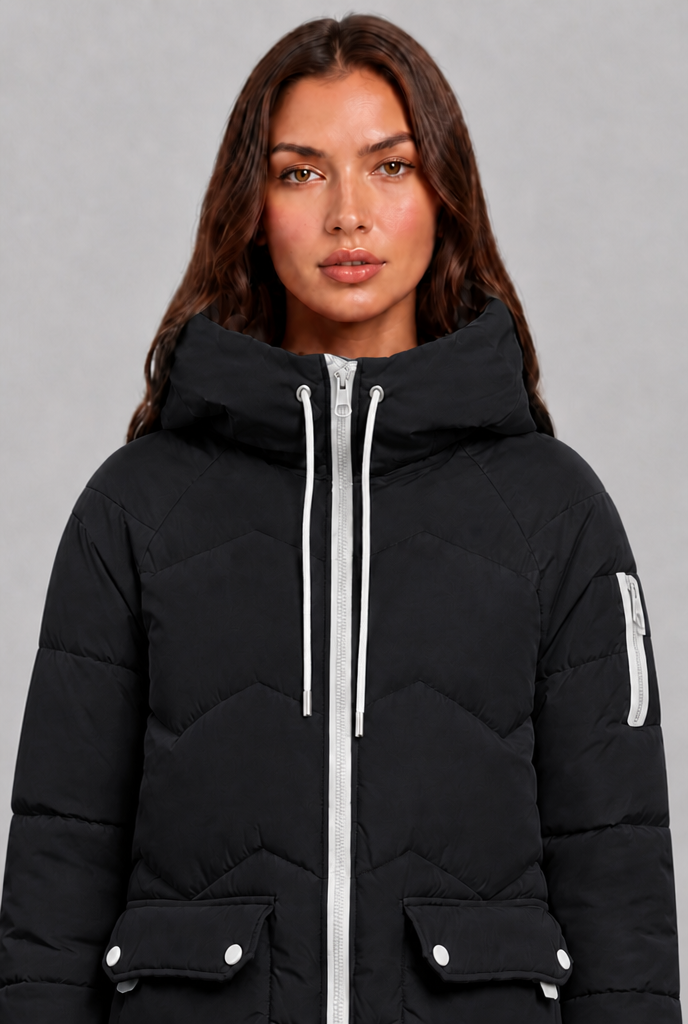 Cappotto Donna Trapuntato Lungo Zip a Contrasto Cappuccio