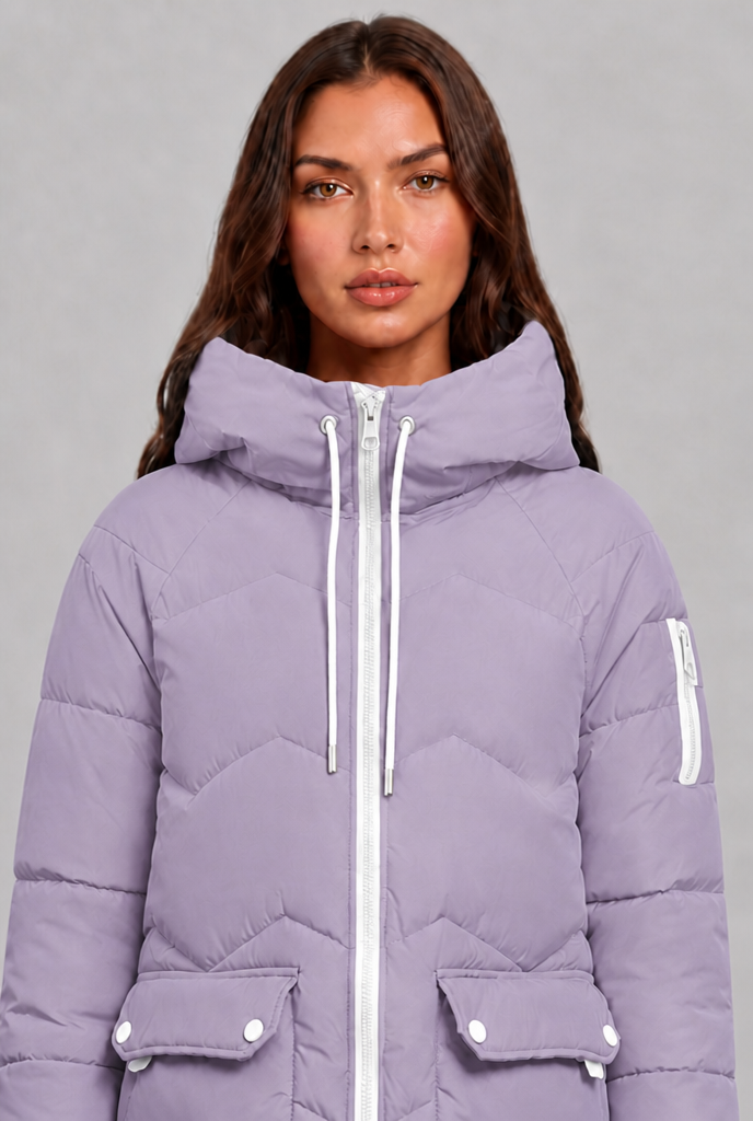 Cappotto Donna Trapuntato Lungo Zip a Contrasto Cappuccio
