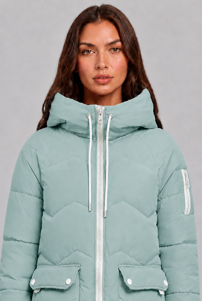 Cappotto Donna Trapuntato Lungo Zip a Contrasto Cappuccio