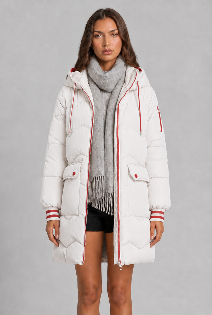 Cappotto Donna Trapuntato Lungo Zip a Contrasto Cappuccio
