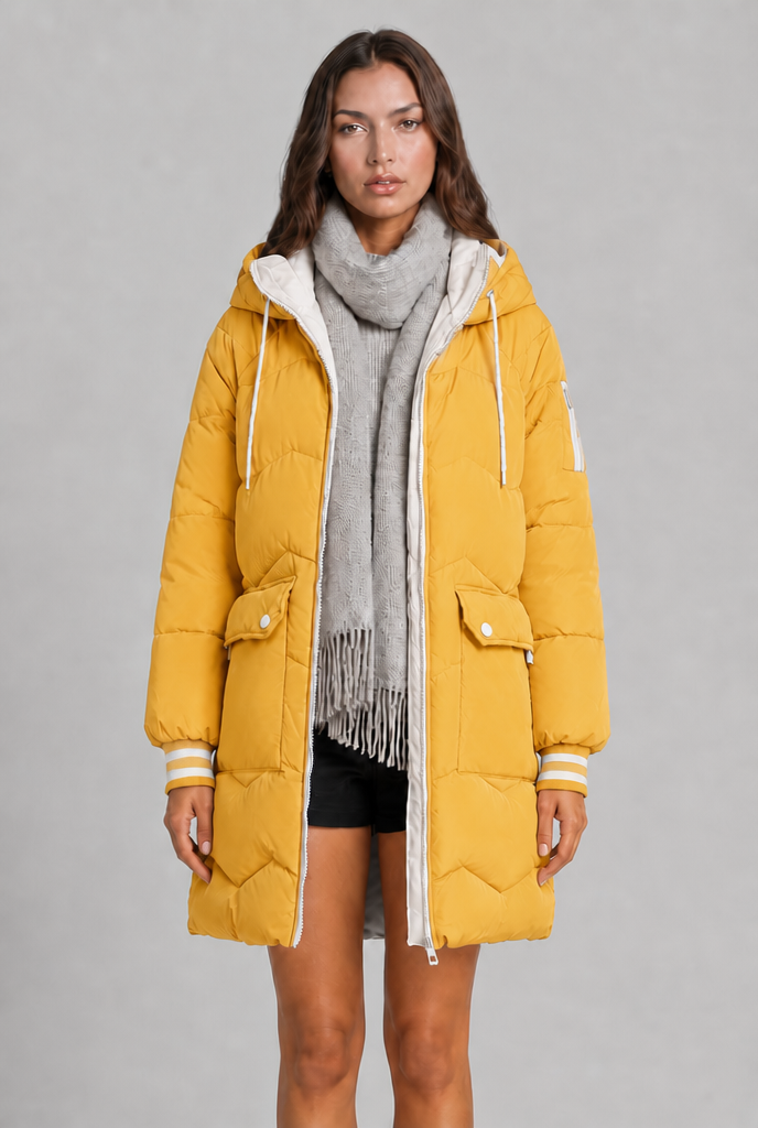 Cappotto Donna Trapuntato Lungo Zip a Contrasto Cappuccio