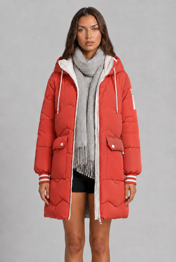 Cappotto Donna Trapuntato Lungo Zip a Contrasto Cappuccio