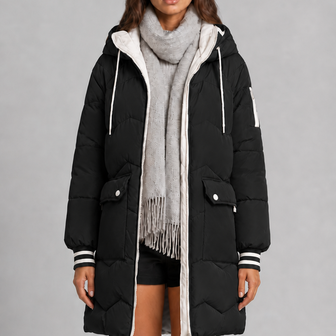 Cappotto Donna Trapuntato Lungo Zip a Contrasto Cappuccio