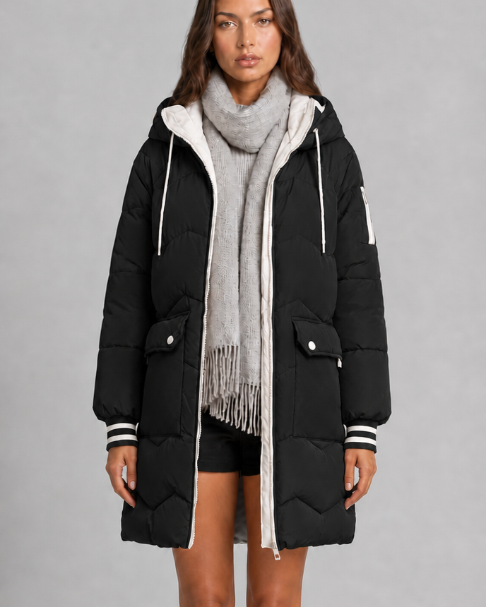 Cappotto Donna Trapuntato Lungo Zip a Contrasto Cappuccio