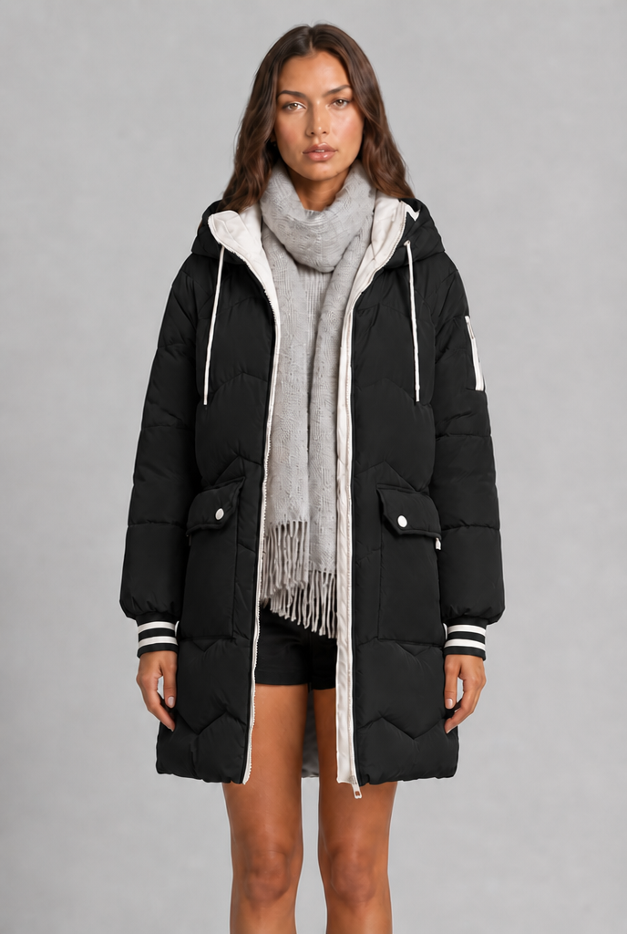 Cappotto Donna Trapuntato Lungo Zip a Contrasto Cappuccio