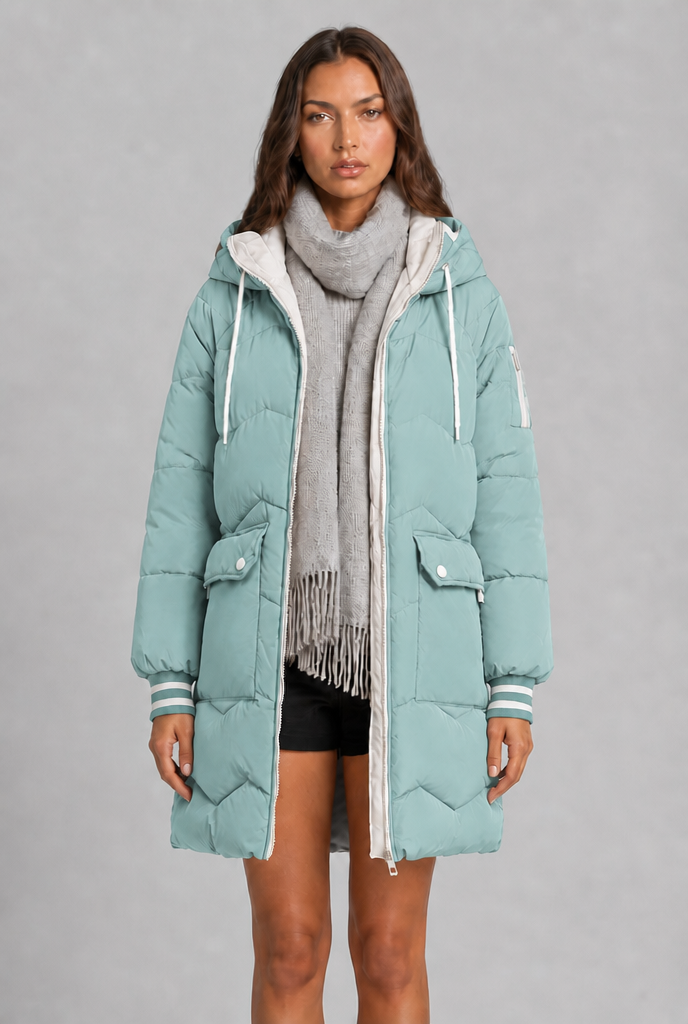 Cappotto Donna Trapuntato Lungo Zip a Contrasto Cappuccio