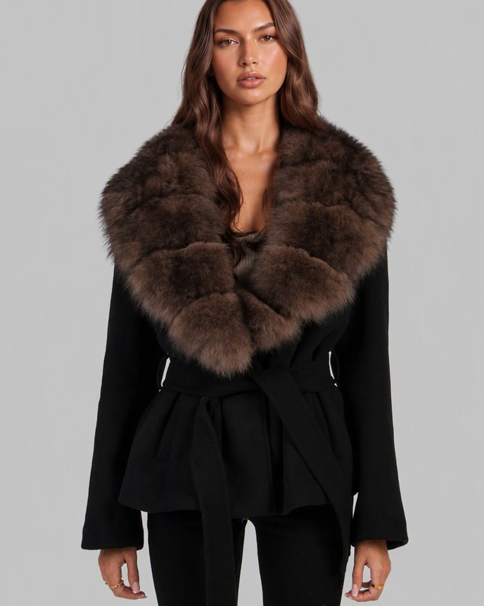 Cappotto Donna in Lana con Cintura Collo in Pelliccia Sintetica