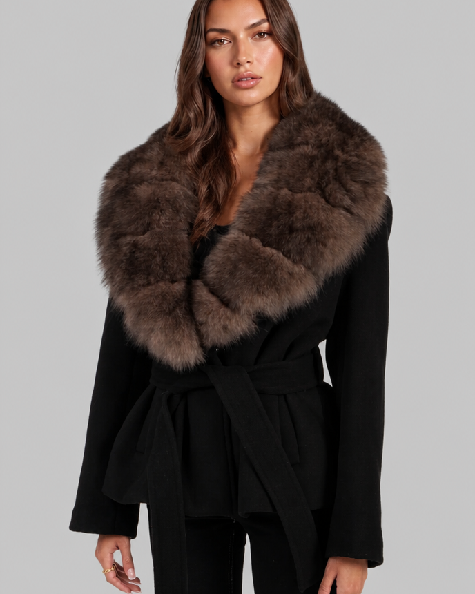 Cappotto Donna in Lana con Cintura Collo in Pelliccia Sintetica