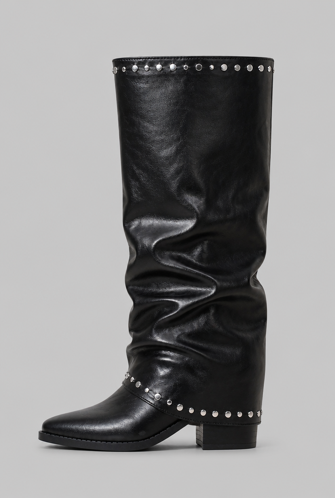 Stivali Donna Slouchy Effetto Pelle Lucido Borchie Argento
