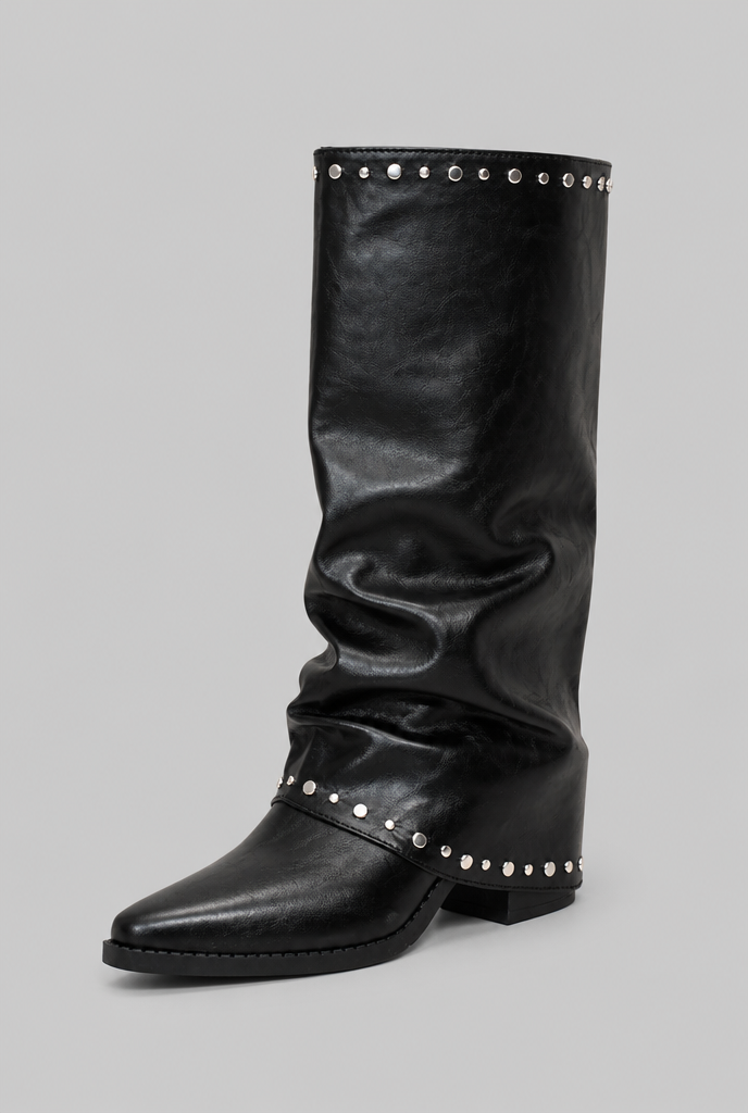Stivali Donna Slouchy Effetto Pelle Lucido Borchie Argento
