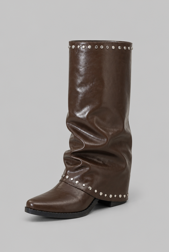 Stivali Donna Slouchy Effetto Pelle Lucido Borchie Argento