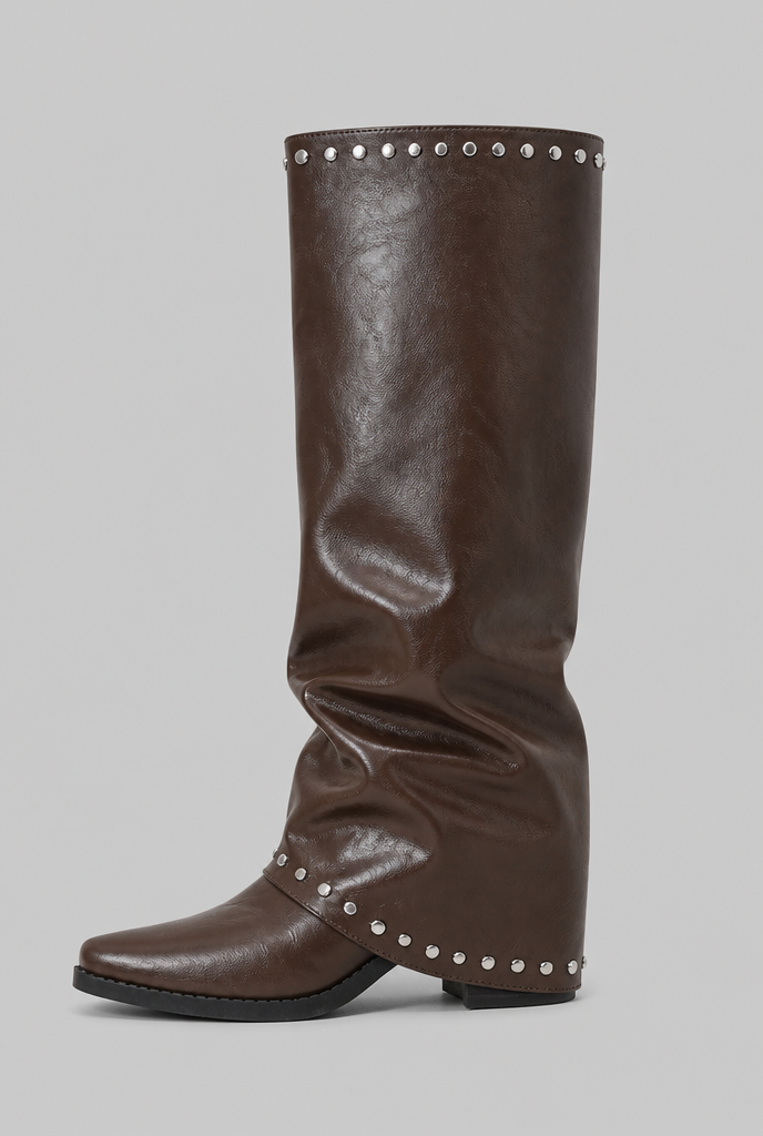 Stivali Donna Slouchy Effetto Pelle Lucido Borchie Argento