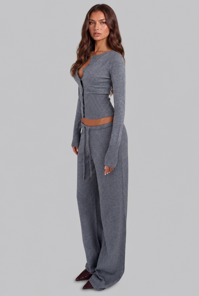 Completo Donna Cardigan Corto a Coste e Pantaloni Gamba Ampia