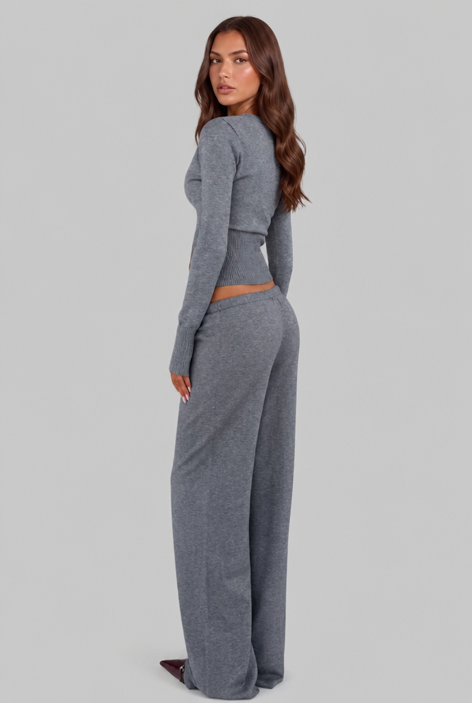 Completo Donna Cardigan Corto a Coste e Pantaloni Gamba Ampia
