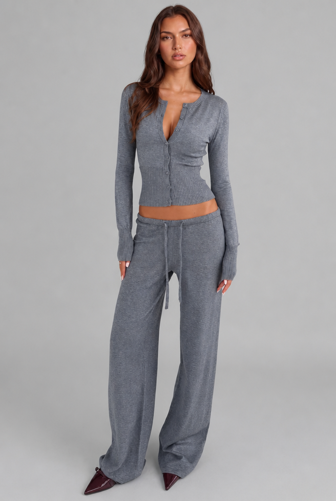 Completo Donna Cardigan Corto a Coste e Pantaloni Gamba Ampia