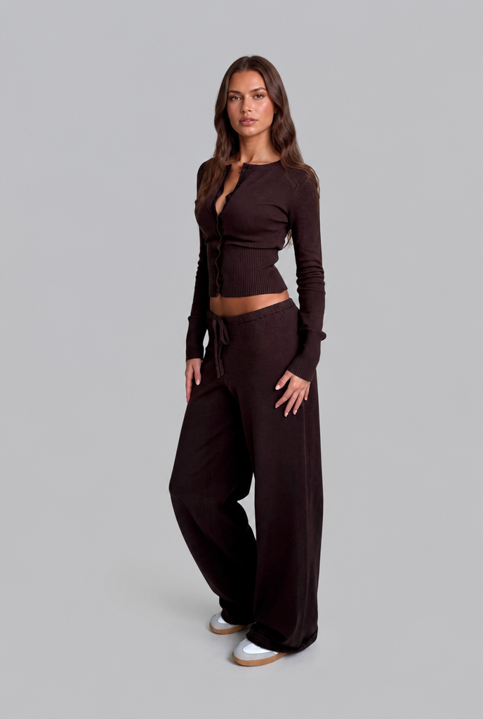 Completo Donna Cardigan Corto a Coste e Pantaloni Gamba Ampia
