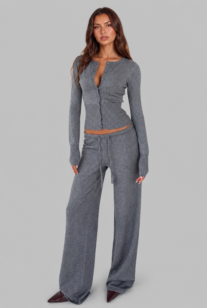 Completo Donna Cardigan Corto a Coste e Pantaloni Gamba Ampia