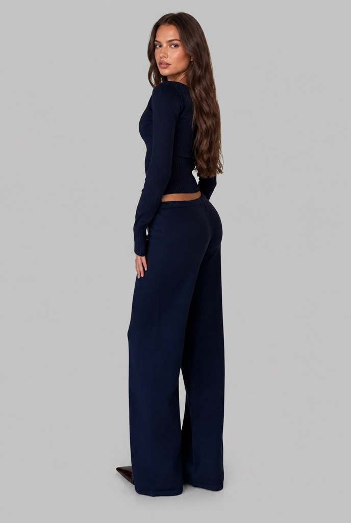 Completo Donna Cardigan Corto a Coste e Pantaloni Gamba Ampia