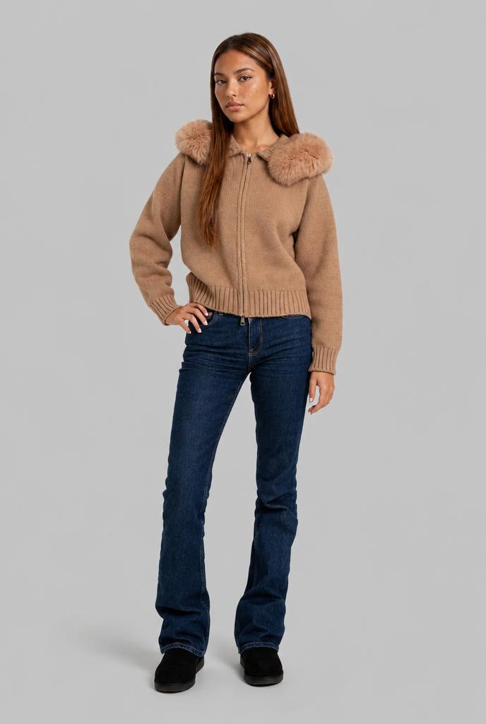 Giacca Donna Corta in Maglia con Zip Collo in Pelliccia Sintetica