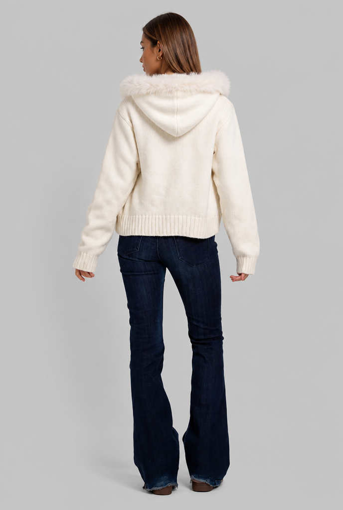 Giacca Donna Corta in Maglia con Zip Collo in Pelliccia Sintetica