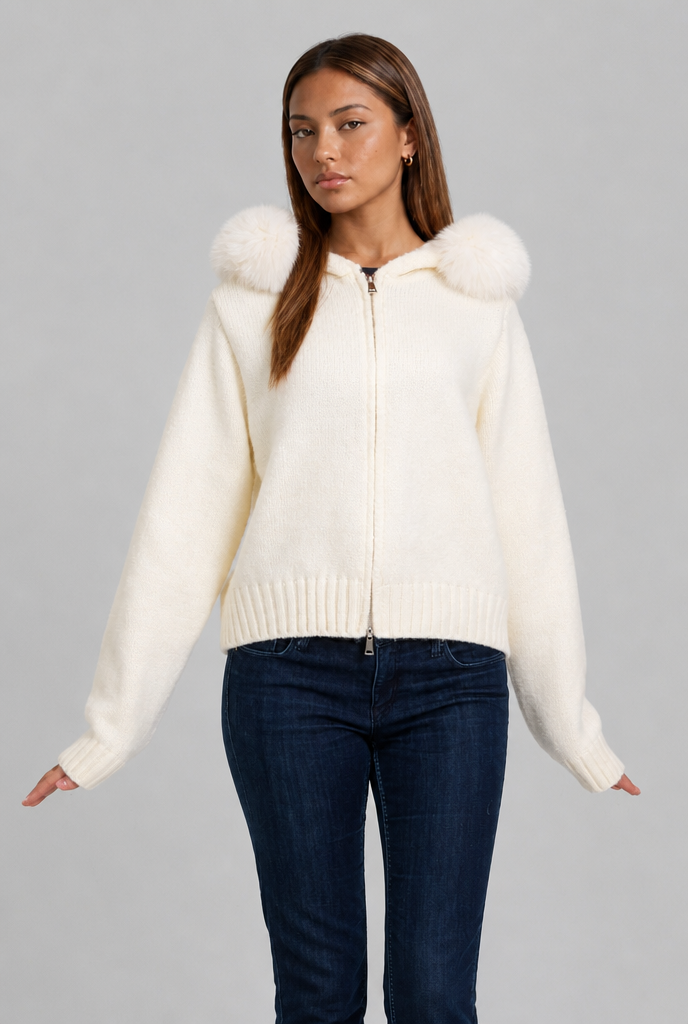 Giacca Donna Corta in Maglia con Zip Collo in Pelliccia Sintetica